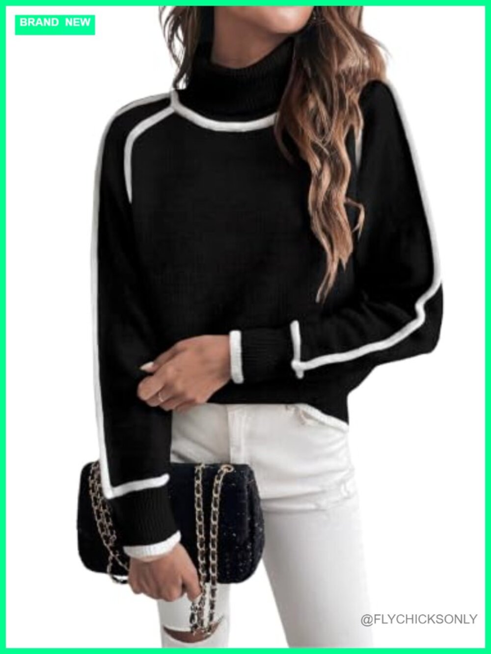 Turtleneck Sweater Long Sleeve Color Block Loose Fit Pullover